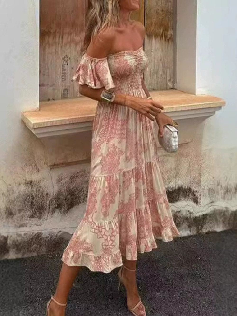 Spring Summer Printed Off Shoulder Strapless Sexy Casual Ruffle Sleeve Dress
